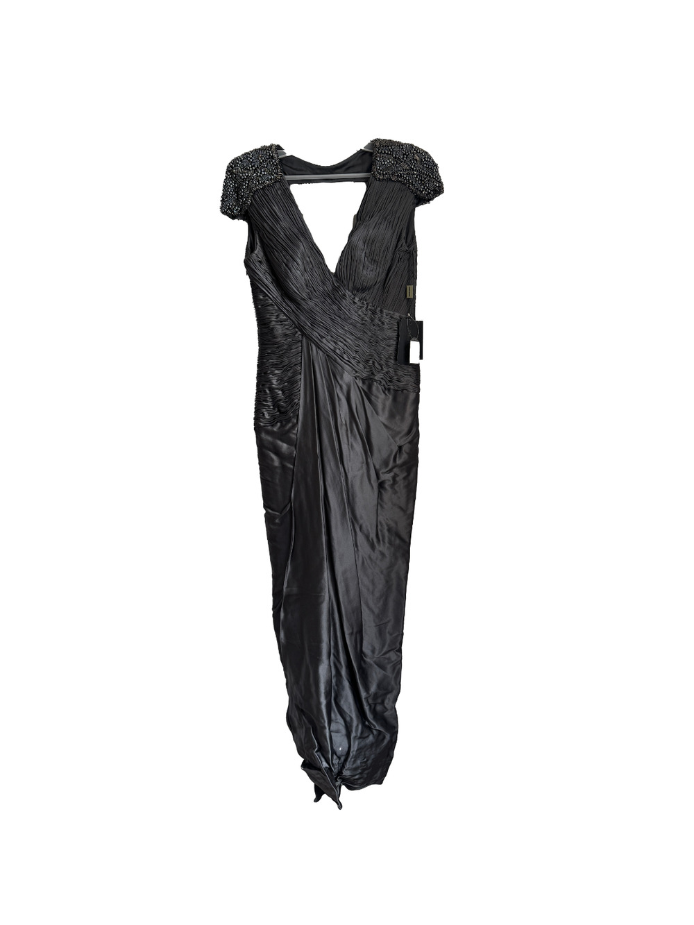 NWT Carlos Miele Gray Pleated Satin Gown Beaded Cap Sleeves Size 40 US 8 $5250